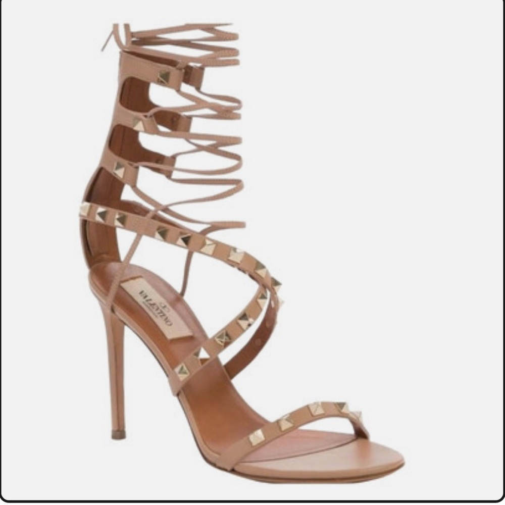 Valentino Nude Strappy Heels with Gold Studs & matching Clutch